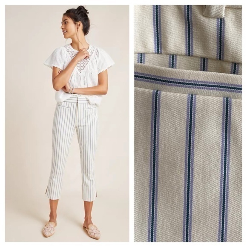 Anthropologie Cream White Blue Stripe The Essential Slim Crop Trousers Pant 2